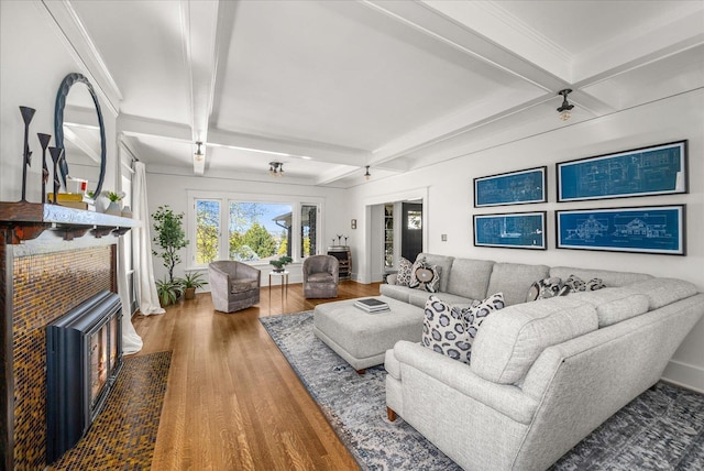 530 E 11th Ave, Spokane, WA 99202 - living room with a fireplace, beam ceiling, coffered ceiling, and wood finished floors