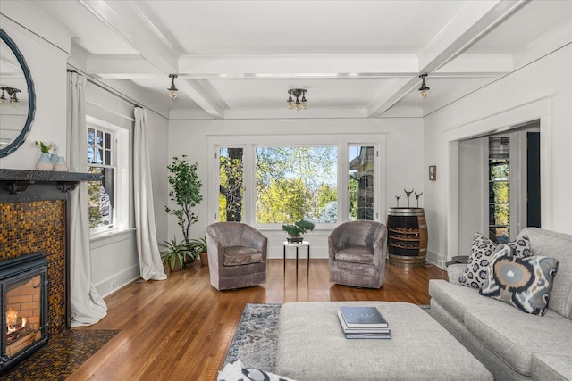 530 E 11th Ave, Spokane, WA 99202 - living area with beam ceiling, coffered ceiling, wood finished floors, and a tile fireplace