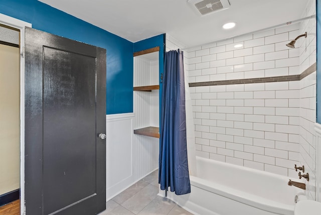 1607 W 11th Ave, Spokane, WA 99204 - full bath featuring shower / bathtub combination with curtain, tile patterned flooring, a wainscoted wall, and recessed lighting