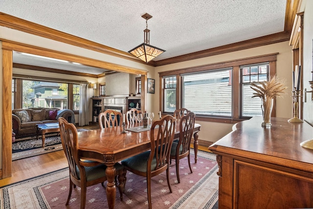 1607 W 11th Ave, Spokane, WA 99204 - dining room featuring a textured ceiling, light wood-type flooring, and crown molding