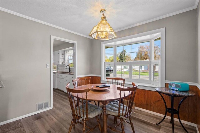 dining room with wainscoting, ornamental molding, wood finished floors, and visible vents