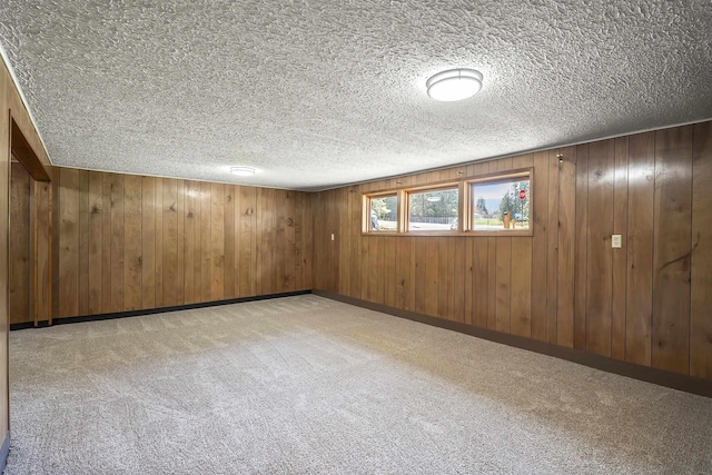 below grade area with wood walls, carpet flooring, and a textured ceiling