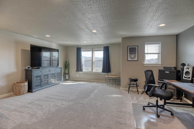carpeted office space with baseboards, visible vents, and a textured ceiling