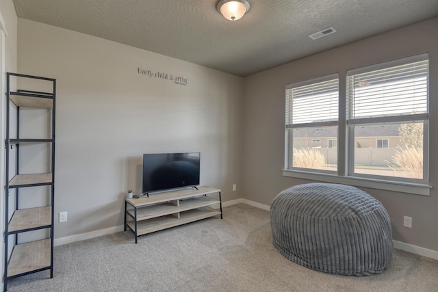 sitting room with carpet floors, a textured ceiling, visible vents, and baseboards