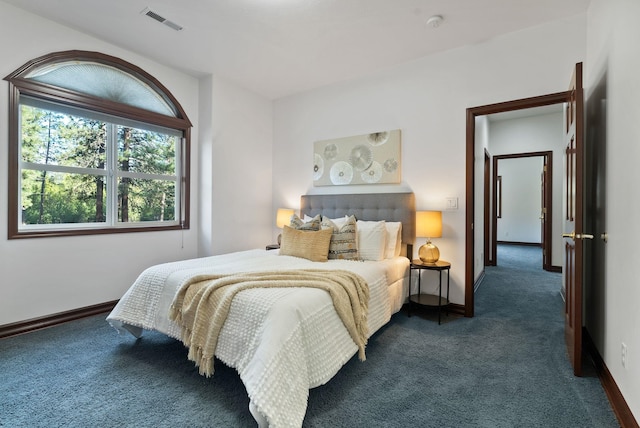 bedroom featuring dark carpet, visible vents, and baseboards