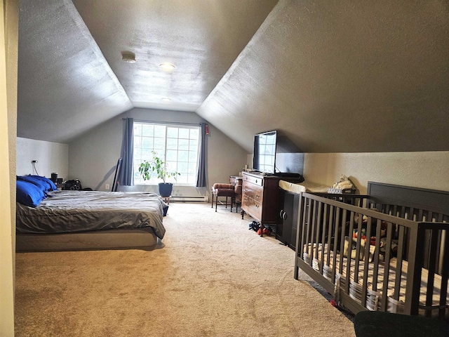 303 N Vernon St, Deer Park, WA 99006 - carpeted bedroom with a baseboard radiator, lofted ceiling, and a textured ceiling