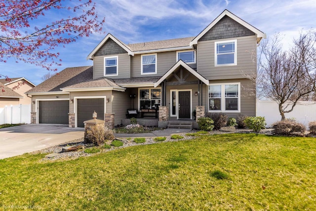 17202 E Morningside Ln, Greenacres, WA 99037 - craftsman house featuring concrete driveway, stone siding, fence, a front yard, and a garage