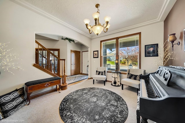 17202 E Morningside Ln, Greenacres, WA 99037 - living area featuring a textured ceiling, carpet floors, arched walkways, and a chandelier