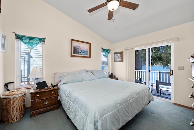 bedroom featuring lofted ceiling, access to outside, carpet floors, and multiple windows