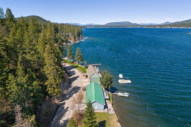 drone / aerial view with a water and mountain view