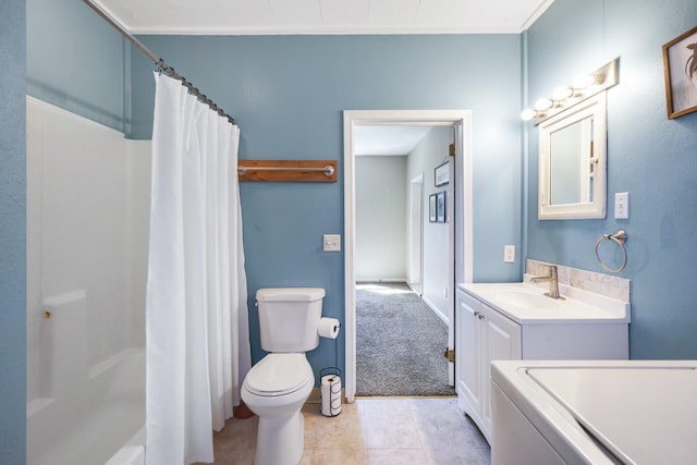 8323 W Mission Ave, Spokane, WA 99224 - bathroom with a shower with shower curtain, toilet, vanity, and tile patterned floors