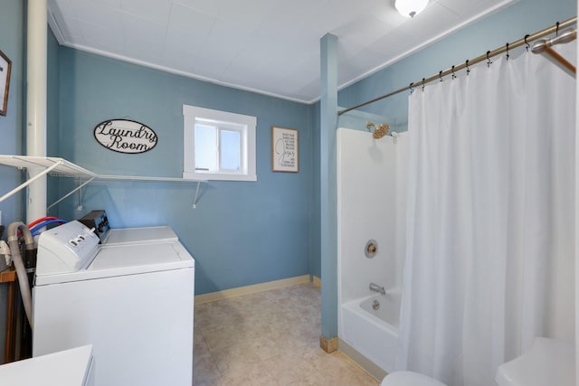 8323 W Mission Ave, Spokane, WA 99224 - full bathroom featuring washing machine and dryer, baseboards, and shower / bathtub combination with curtain