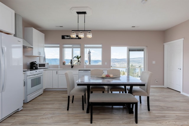kitchen with wall chimney exhaust hood, a healthy amount of sunlight, a sink, and white appliances