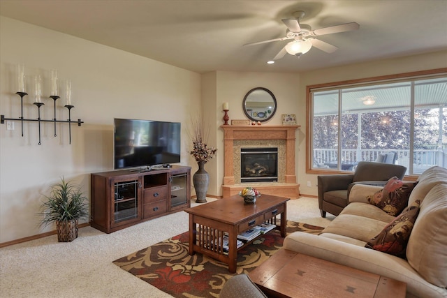 1511 N Lancashire Ln, Liberty Lake, WA 99019 - carpeted living room with a high end fireplace, a ceiling fan, and baseboards