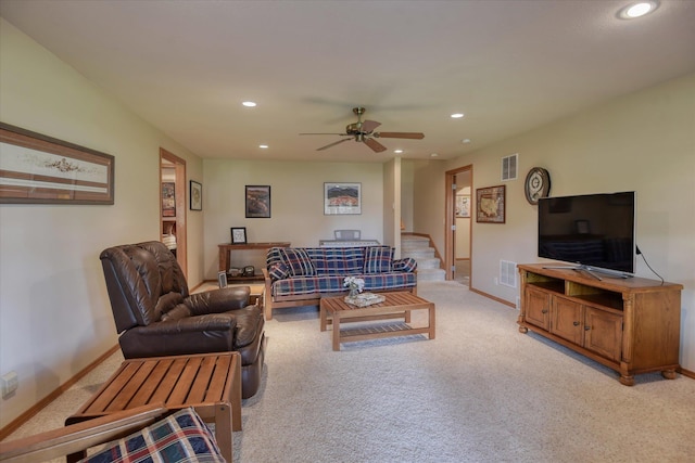 1511 N Lancashire Ln, Liberty Lake, WA 99019 - living area featuring light carpet, visible vents, recessed lighting, and ceiling fan