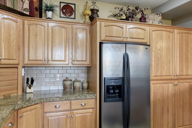 1511 N Lancashire Ln, Liberty Lake, WA 99019 - kitchen featuring stainless steel fridge with ice dispenser, tasteful backsplash, tile counters, and light brown cabinetry