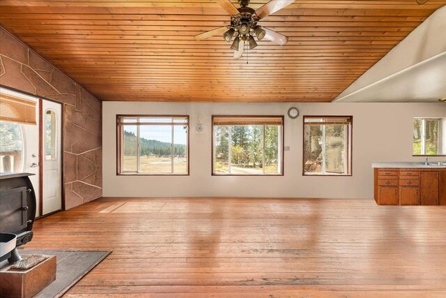 15 E Matsen Creek Rd, Kettle Falls, WA 99141 - unfurnished living room featuring a wood stove, plenty of natural light, wood ceiling, a ceiling fan, and wood-type flooring