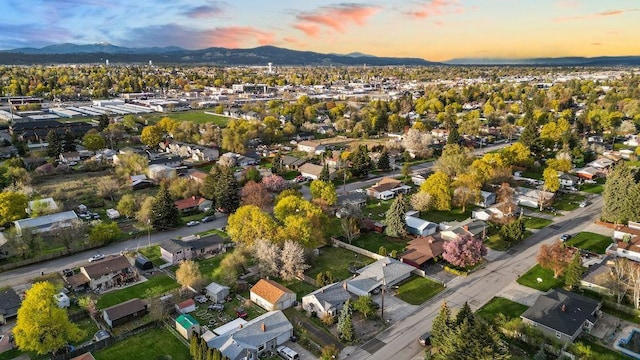 drone / aerial view featuring a residential view and a mountain view