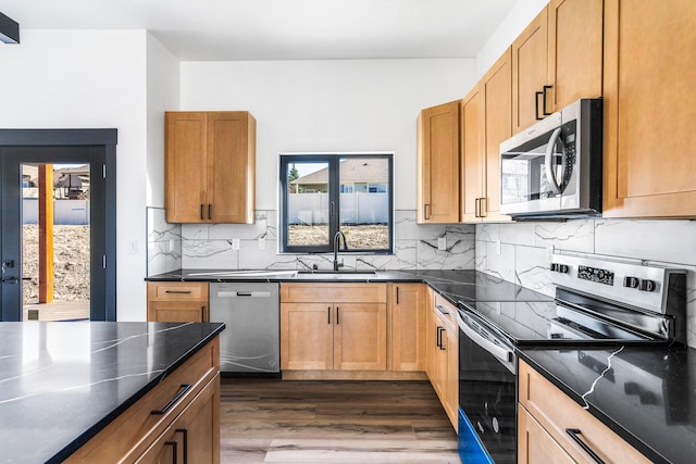 kitchen featuring dark wood-type flooring, stainless steel appliances, decorative backsplash, and a sink