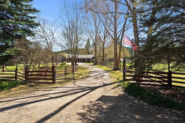 view of road featuring driveway and a gate
