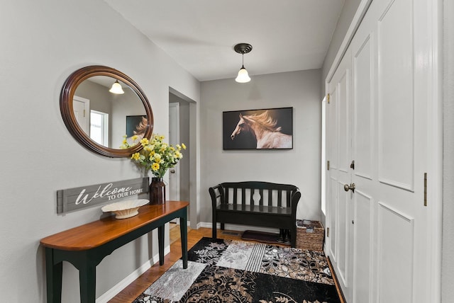 doorway with wood finished floors and baseboards