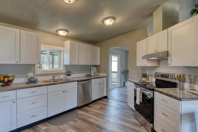 kitchen featuring vaulted ceiling, a sink, plenty of natural light, stainless steel appliances, and under cabinet range hood