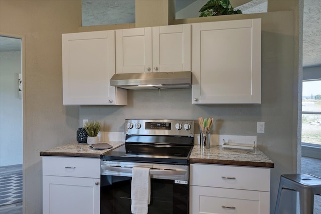 kitchen featuring stainless steel electric stove, under cabinet range hood, and white cabinetry