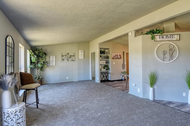 carpeted living area with vaulted ceiling, a textured ceiling, and baseboards