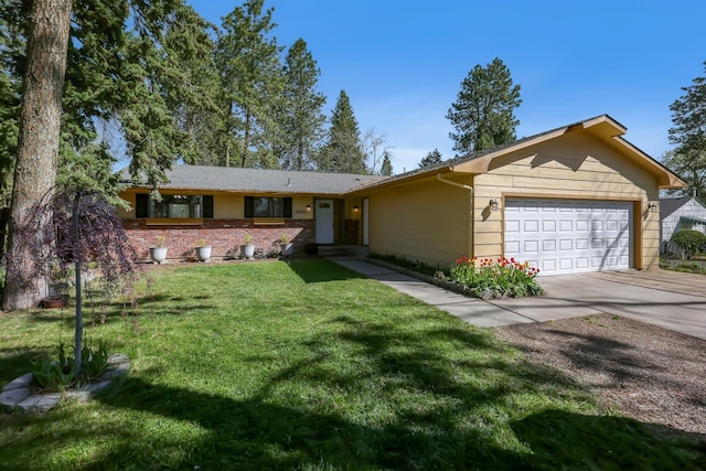 ranch-style house featuring brick siding, a front lawn, driveway, and a garage