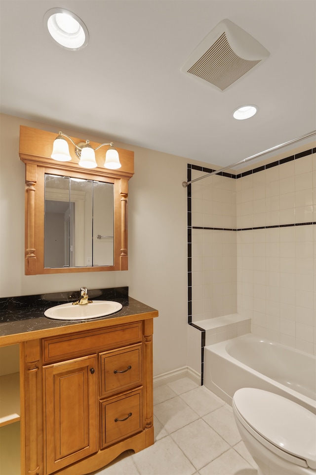 bathroom with washtub / shower combination, tile patterned flooring, visible vents, toilet, and vanity