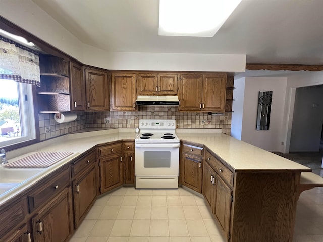 825 N Jefferson St, Colville, WA 99114 - kitchen with a peninsula, decorative backsplash, open shelves, under cabinet range hood, and electric stove