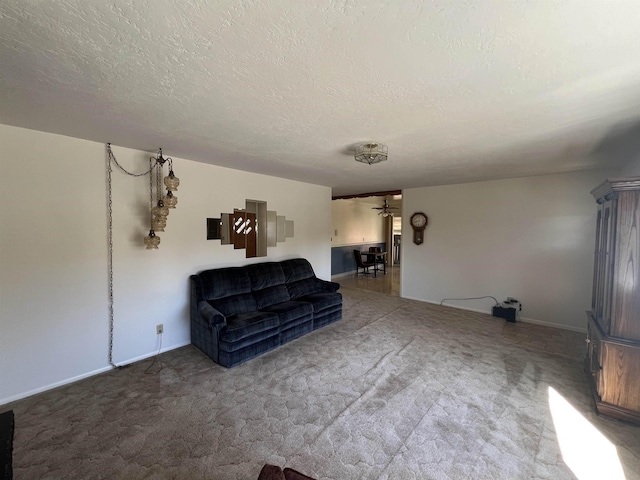 825 N Jefferson St, Colville, WA 99114 - carpeted living area featuring a textured ceiling, baseboards, and a notable chandelier