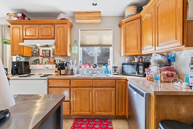 kitchen with white electric stove, under cabinet range hood, stainless steel dishwasher, a sink, and black microwave