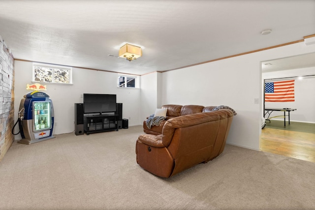 living area with carpet floors and ornamental molding