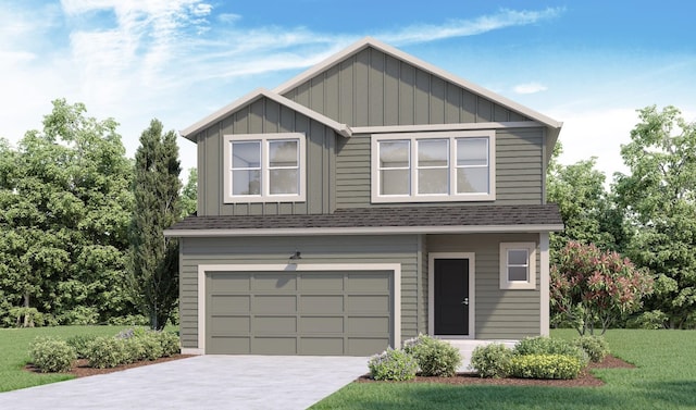 view of front of home featuring a shingled roof, board and batten siding, driveway, a front yard, and a garage