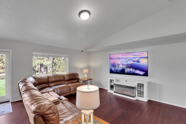 5818 S Abbott Rd, Spokane, WA 99224 - living room featuring wood finished floors, lofted ceiling, baseboards, and a glass covered fireplace