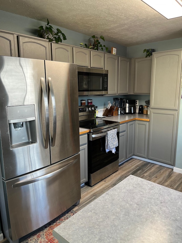 kitchen featuring gray cabinetry, a textured ceiling, appliances with stainless steel finishes, and wood finished floors