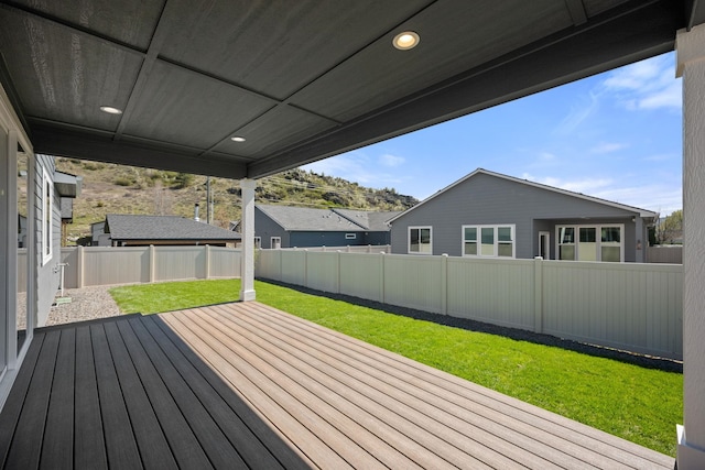 wooden deck featuring a fenced backyard and a yard