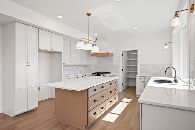 kitchen with light countertops, a sink, light wood-style floors, decorative backsplash, and custom exhaust hood