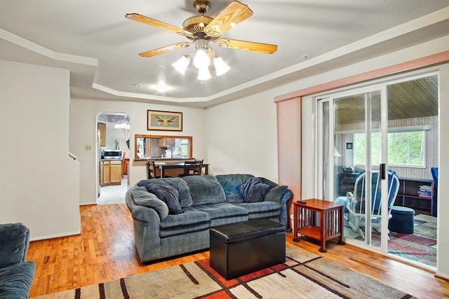 21203 W Beechwood Rd, Medical Lake, WA 99022 - living area featuring light wood-type flooring, a tray ceiling, ceiling fan, and baseboards