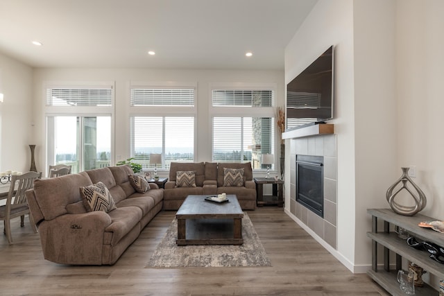 living room with a fireplace, recessed lighting, and a healthy amount of sunlight