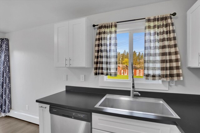kitchen with dishwasher, white cabinets, dark countertops, and a sink