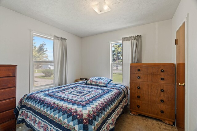 carpeted bedroom with multiple windows and a textured ceiling