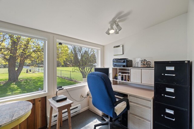 carpeted office space featuring a baseboard radiator and a healthy amount of sunlight