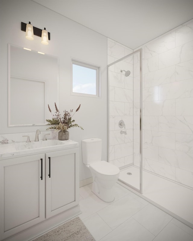 full bath featuring a tile shower, toilet, and vanity