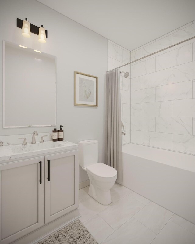 bathroom featuring marble finish floor, shower / tub combo with curtain, toilet, and vanity