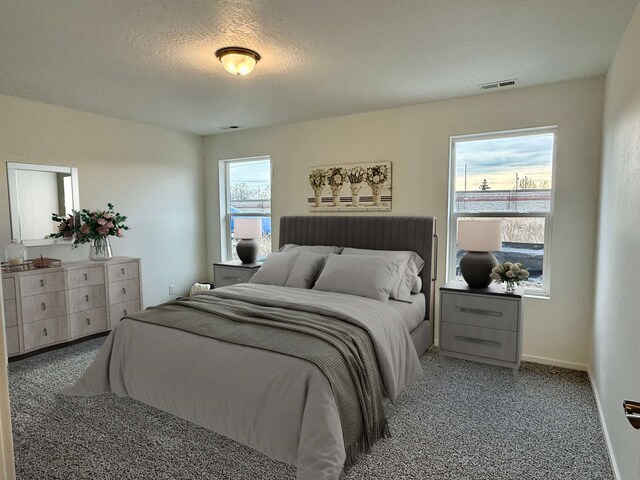 carpeted bedroom with a textured ceiling, visible vents, and baseboards