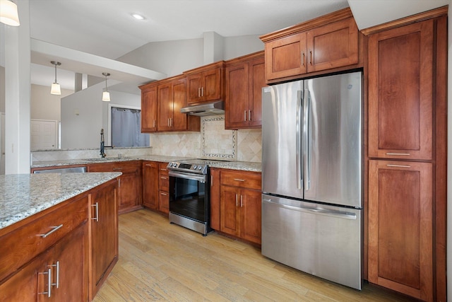9701 W Masters Ln, Cheney, WA 99004 - kitchen featuring stainless steel appliances, lofted ceiling, light wood-type flooring, tasteful backsplash, and under cabinet range hood
