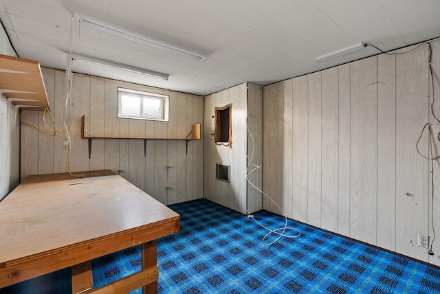basement featuring carpet and wood walls