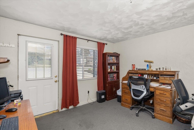office featuring a textured ceiling and carpet flooring